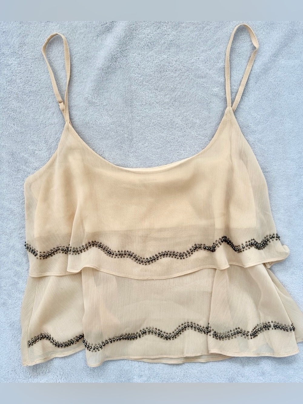 Beige Layered Chiffon Cami with Decorative Beaded Trim